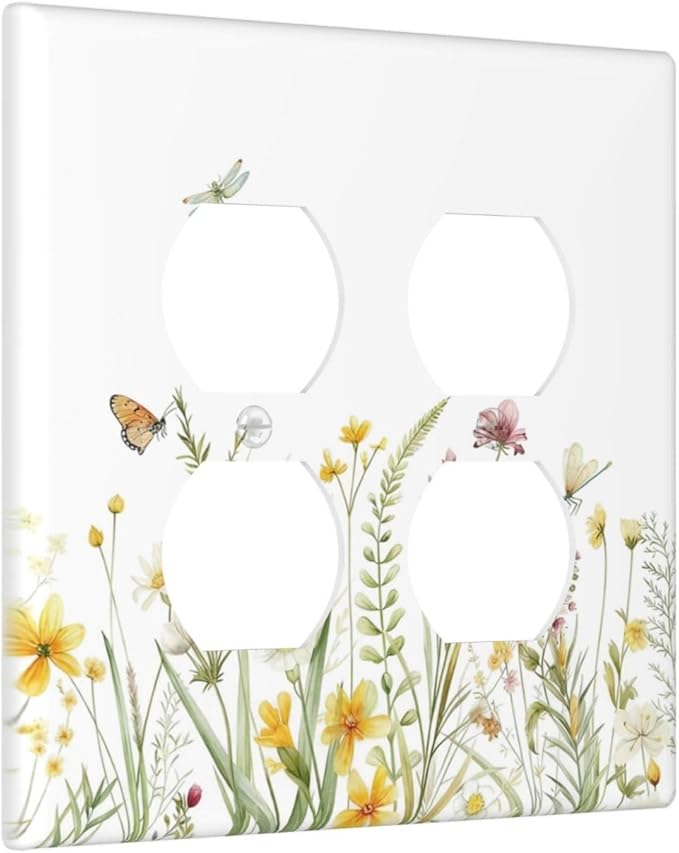 Colorful Wildflowers Dragonfly Butterfly Floral Outlet Covers 2 Gang Double Duplex Decorative Light Switch Covers Electrical Wallplates Socket Faceplate for Bedroom Living Room Decor
