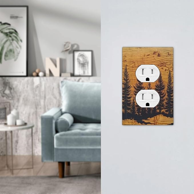 Outlet Covers Forest Pine Silhouette Rustic Wood Grain 1 Gang Duplex Light Switch Cover Decorative Switch Plates Electrical Receptacle Faceplate Wall Plate For Farmhouse Cabin Decor