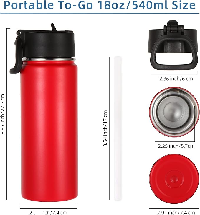 Volhoply 18oz Insulated Water Bottle Bulk 2 Pack,Kids Stainless Steel Water Bottles with Straw,Wide Mouth Reusable Metal Water Bottle,Double Wall Vacuum Sport Flask For Cold Drink(Red,2 Set)