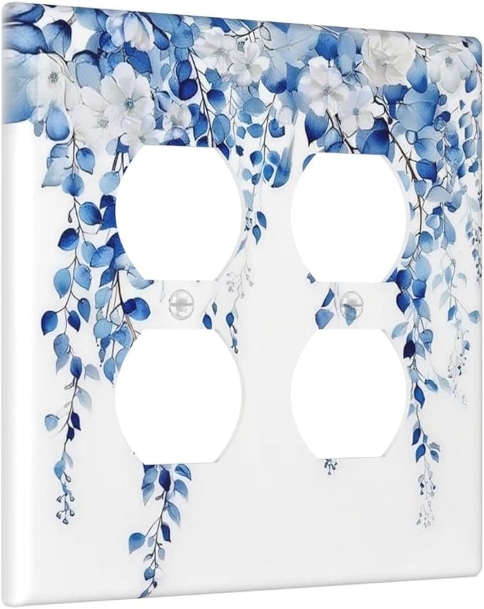 Blue Eucalyptus Leaves Floral Vine Flower Outlet Covers 2 Gang Double Duplex Decorative Light Switch Covers Electrical Wallplates Socket Faceplate for Bedroom Living Room Decor