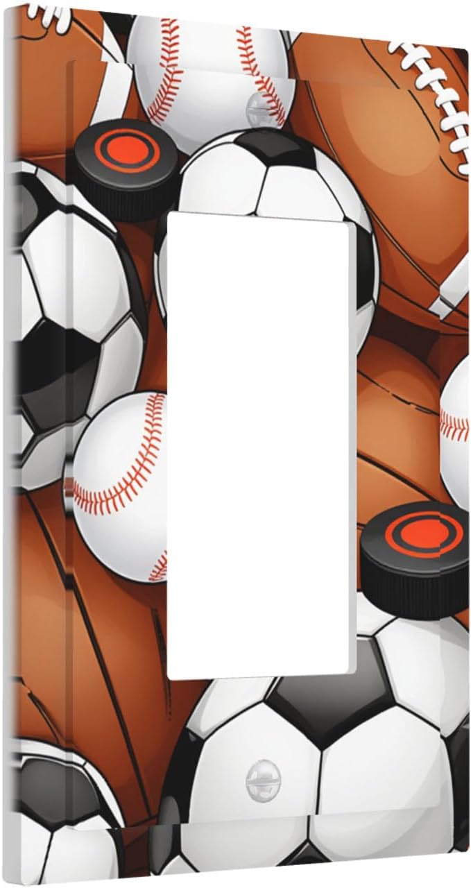 All-Star Sports Balls Collage Single Rocker Switch Cover - 1-Gang Standard US Size Football Baseball Soccer Game Day Themed Light Switch Covers for Boy's Bedroom Decor