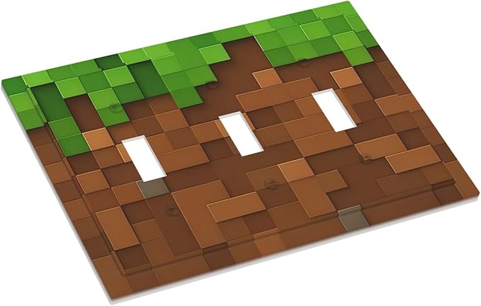 Pixel Style Gamer Themed Grass Block Decorative Switch Plates 3 Gang Wall Plate Triple Toggle Light Switch Cover Faceplate Electrical Wall Panels for Kids Room Office Home Decor