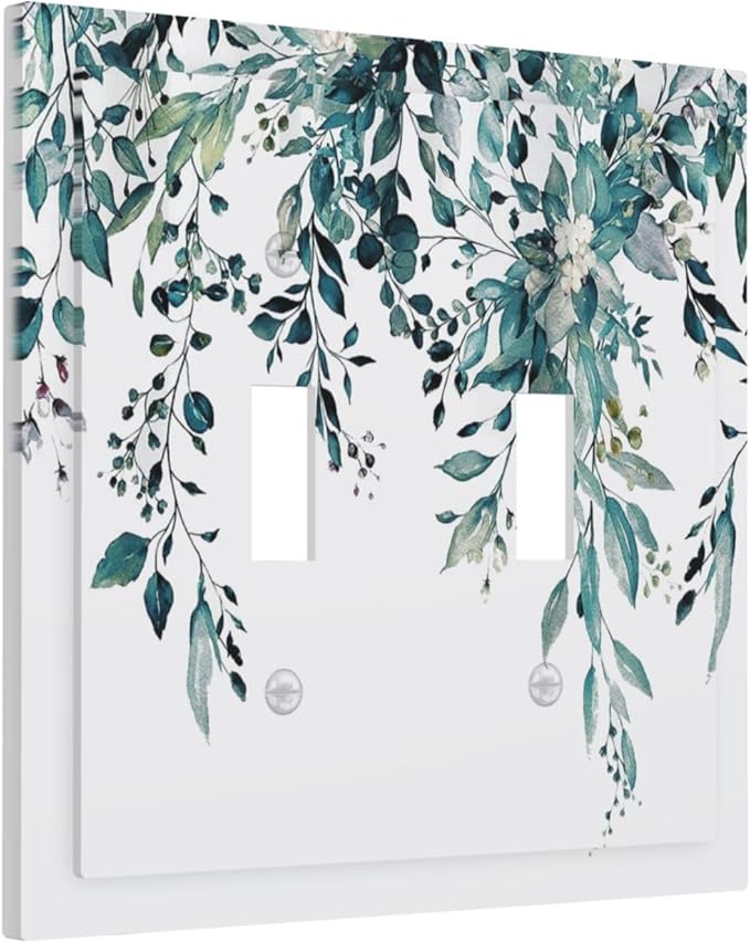 Decorative Light Switch Cover Plate Green Eucalyptus Boho Olive Leaves Country Unique 2 Gang Wall Plate Cover Double Toggle Switch Plate Covers Electric Dual Device Electrical Faceplate
