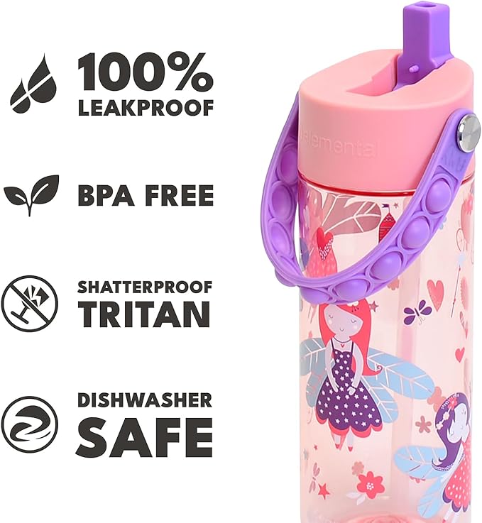 Elemental Water Bottles for Kids - Splash Kids Water Bottle for School with Pop-it Handle - BPA Free Tritan Plastic Water Bottle with Straw Leak Proof when Spout is Closed - Fairy Princess - 18oz