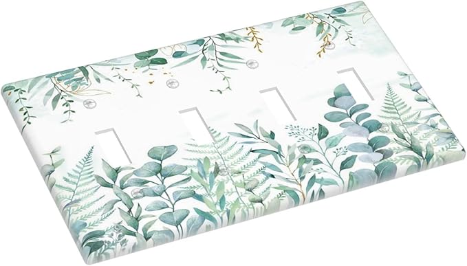 Boho Green Eucalyptus Leaf Floral Sage Flower Light Switch Covers Quad Toggle Electrical Faceplate 4 Gang Wall Plate Decorative Switch Plates Cover for Bedroom Living Room Decor
