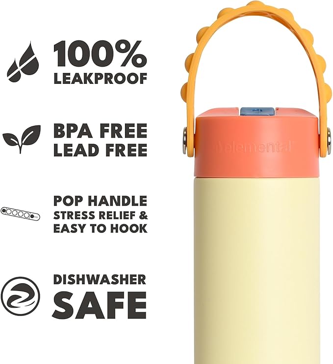 Elemental Insulated Kids Water Bottle, Stainless Steel Water Bottle with Straw Lid & Pop-It Handle, Leak-Proof Water Bottles for School, Boys or Girls, Travelling and Sports, 18oz - Peach Sand