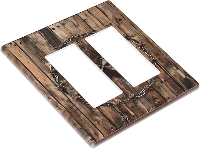 Outlet Covers Rustic Star Western Cowboy Wood 1 Gang Duplex Light Switch Cover Plate Decorative Wall Plates Electrical Switchplate Receptacle for Farmhouse Home Decor（2 Pack）