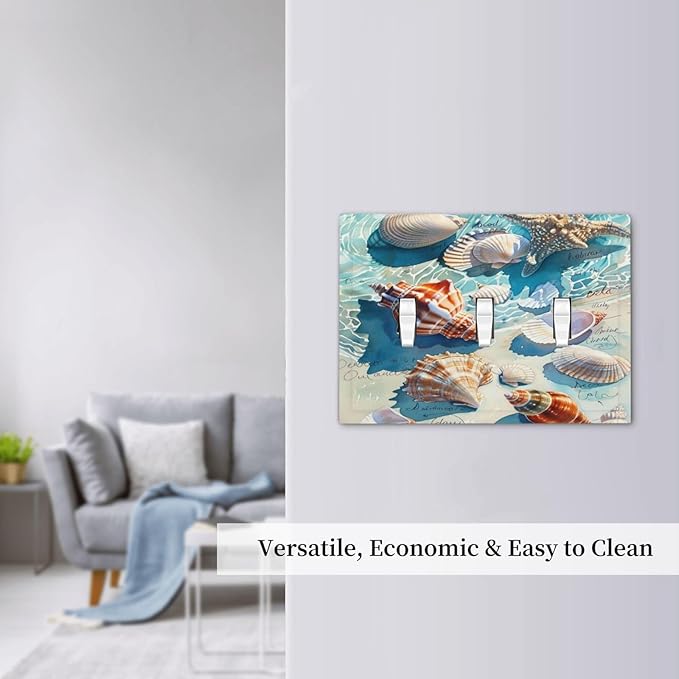 Decorative Switch Plates Ocean Waves Starfish Conch Scallop Shell 3 Gang Wall Plate Triple Toggle Light Switch Cover Faceplate Electrical Wall Panels For Kids Room Nursery Decor