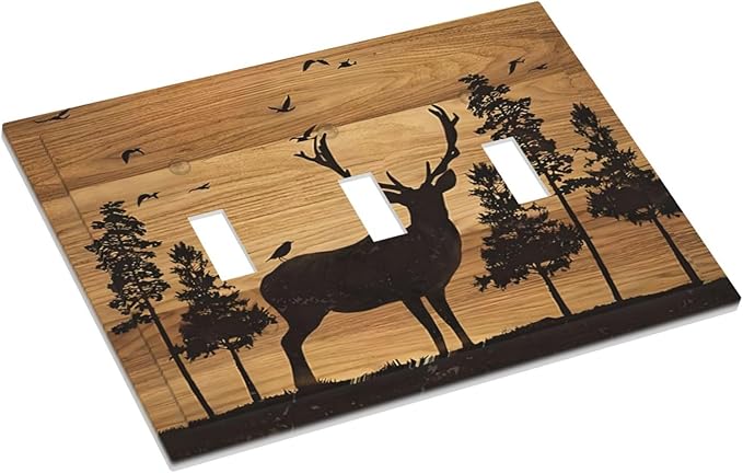 Elk Moose Forest Hunting Pyrography Art Wood Texture Print Decorative Switch Plates 3 Gang Wall Plate Triple Toggle Light Switch Cover Faceplate Electrical Wall Panels for Farmhouse Bedroom Decor