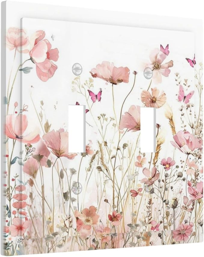 Boho Floral Watercolor Pink Wildflower Butterfly Decorative Switch Plates 2 Gang Double Toggle Outlet Light Switch Cover Wall Plate Electrical Faceplate for Bedroom Living Room Decor