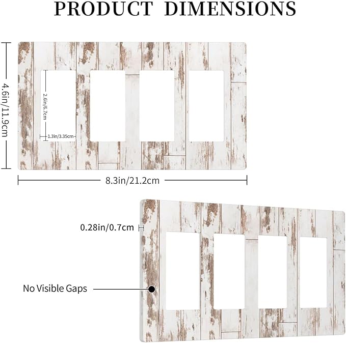 White Grey Wood 4 Gang Quad Rocker/Decor Light Switch Cover Plate Decorative Electrical Faceplate for Bathroom Room Decorate Jumbo Size Screwless 8.3" x 4.6