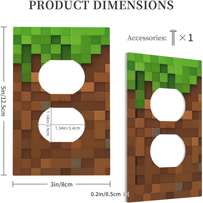 Pixel Style Gamer Themed Grass Block Outlet Covers 1 Gang Duplex Light Switch Cover Decorative Switch Plates Electrical Receptacle Faceplate Wall Plate for Kids Room Office Home Decor