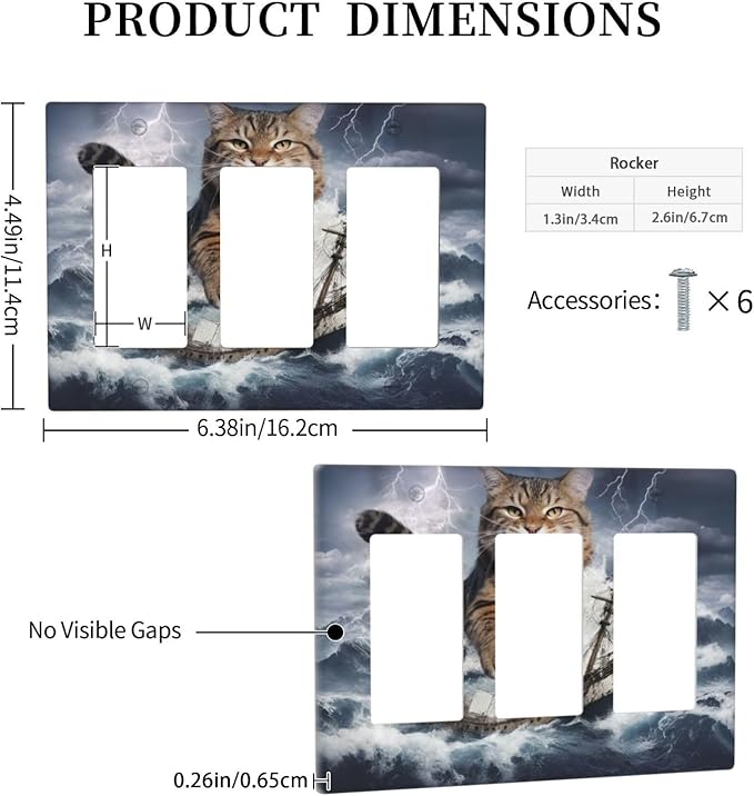 Decorative Outlet Covers Funny Cat Sea Ship Ocean Billow Wave Novelty 3 Gang Wall Plate Triple Rocker Switch Light Switch Plate Covers Jumbo Electrical GFCI Switch Cover Plate