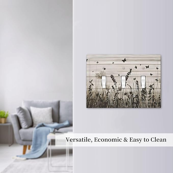 Wildflower Butterfly Grass Dandelion Vintage Wooden Print Decorative Switch Plates 3 Gang Wall Plate Triple Toggle Light Switch Cover Faceplate Electrical Wall Panels for Farmhouse Home Decor