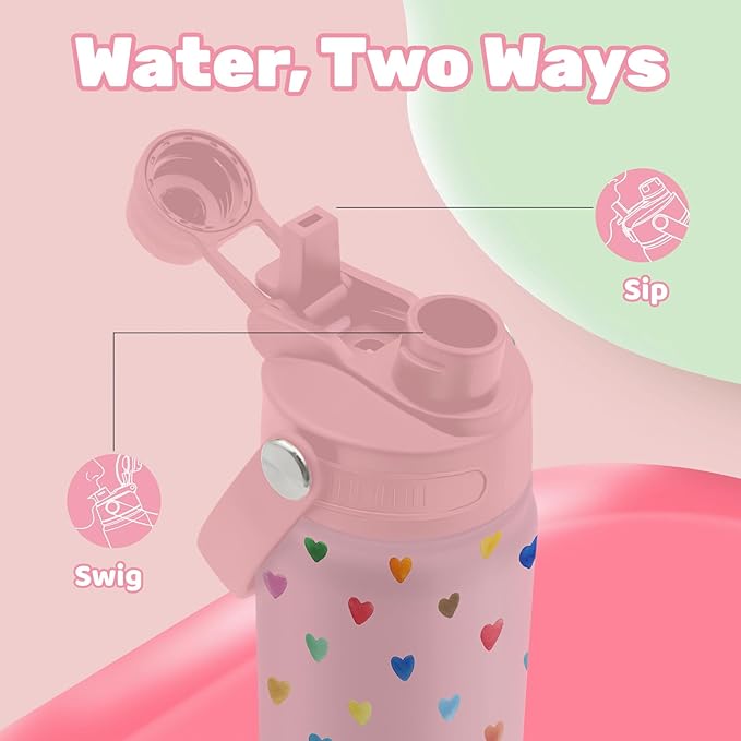 Insulated Water Bottle 18oz, Hearts Gifts Water Bottle with 2-in-1 Straw and Spout Lid, Pink Hearts Cup Leakproof, Hearts Cup Coffee Mug for Lovers, Birthday Gift Ideal for Girls Women