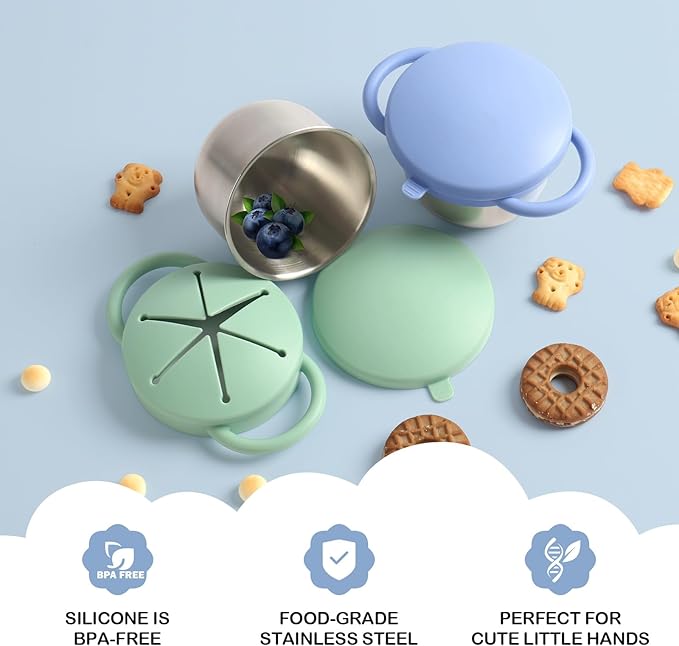2 Pack Snack Cups for Toddlers Spill Proof - Detachable Stainless Steel Toddler Snack Cups with Silicone Lids & Handles - Dishwasher Safe Snack Container for Mess-Free Snacking（Blue-purple and Green)