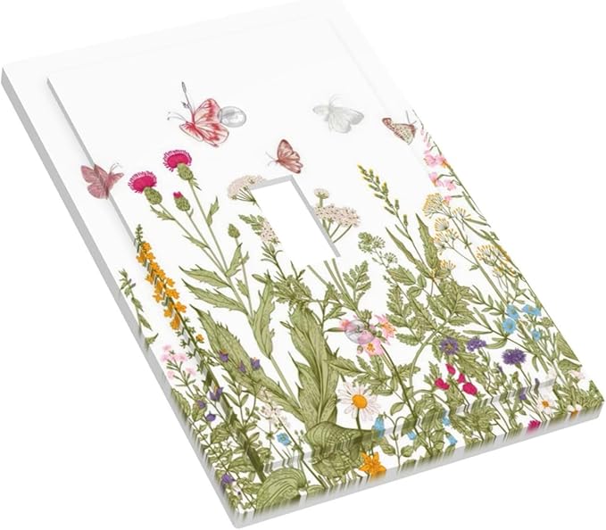 Colorful Butterfly Floral Plants Flower Vine Decorative Light Switch Cover 1 Gang Single Toggle Device Electrical Faceplate Switchplates Decorator Outlet Wall Plate for Bed Room Living Room Decor