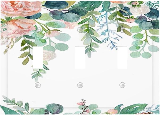 Green Eucalyptus Leaves Floral Watercolor Flower Decorative Switch Plates 3 Gang Wall Plate Triple Toggle Light Switch Cover Faceplate Electrical Wall Panels for Bed Room Living Room Decor