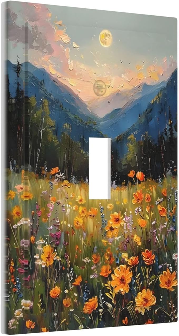 Sunset Wild Flower Field Floral Nature Landscape Decorative Light Switch Cover 1 Gang Single Toggle Device Electrical Faceplate Switchplates Decorator Outlet Wall Plate for Farmhouse Bedroom Decor