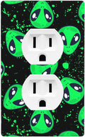 Alien Pattern 1-Gang Duplex Wall Plate, Green Black Alien Outlet Cover Decorative Faceplate for Boys Kids Room, Playroom & Game Room