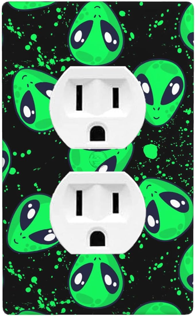 Alien Pattern 1-Gang Duplex Wall Plate, Green Black Alien Outlet Cover Decorative Faceplate for Boys Kids Room, Playroom & Game Room