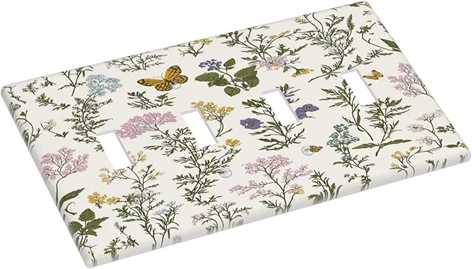 Light Switch Covers Vintage Colorful Flowers Butterfly Floral Quad Toggle Electrical Faceplate 4 Gang Wall Plate Decorative Switch Plates For Bed Room Living Room Decor