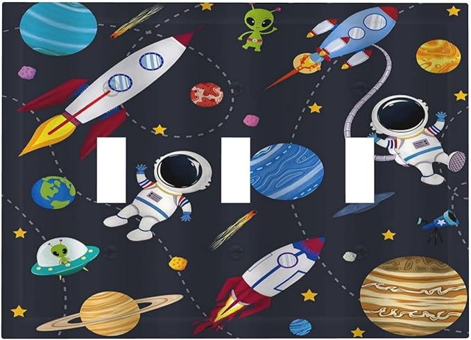 Rocket Planets Astronaut Blue Decorative 3 Gang Light Switch Covers Triple Toggle Wall Plate Decorative Switchplate Electrical Faceplate for Nursery Kidsroom Bedroom Decor