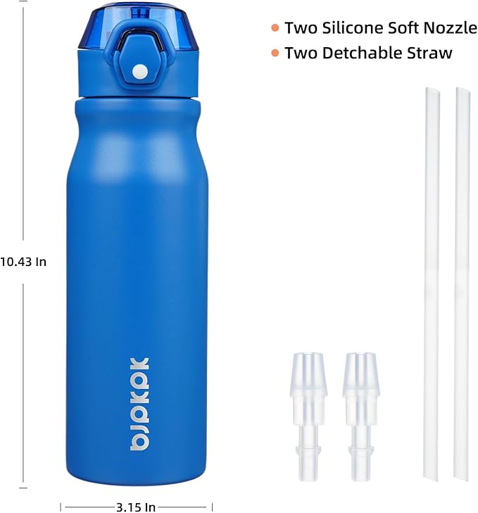 BJPKPK 25oz Insulated Water Bottle with Straw Stainless Steel Double Wall Water Bottles BPA Free Leak Proof Thermal Flask with Lockable Flip Lid and Soft Silicone Spout,Blue