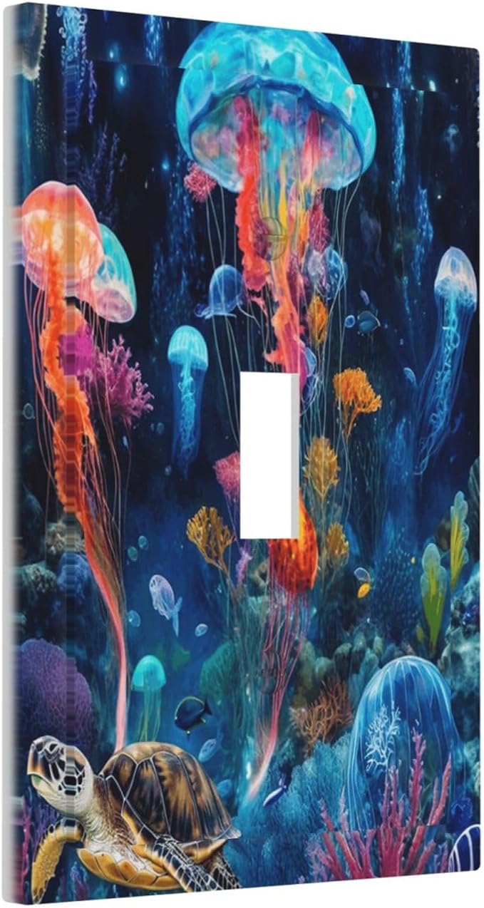 Jellyfish Sea Turtle Fantasy Ocean Coral Underwater World Decorative Light Switch Cover 1 Gang Single Toggle Device Electrical Faceplate Switchplates Decorator Outlet Wall Plate for Nursery Kids Room