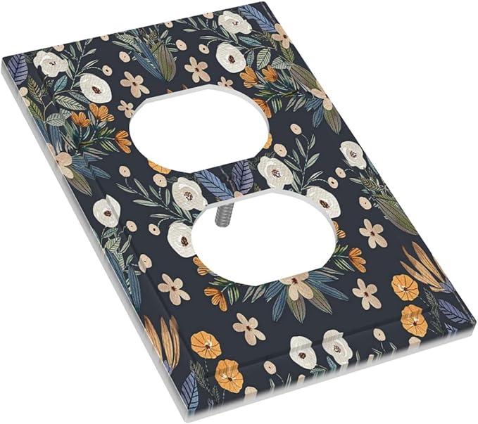 Boho Leaf Floral Navy Blue Background Single Duplex Wall Plate Covers Light Switch Cover 1 Gang Outlet Plate Decorative Switchplate Covers Electrical Faceplate for Farmhouse Bedroom Bedroom Decor