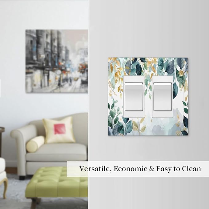 Boho Goldgreen Leaf Botanical Eucalyptus Leaves Decorative Outlet Covers 2 Gang Double GFCI Rocker Electrical Wall Panels Light Switch Cover Plate for Bedroom Living Room Decor