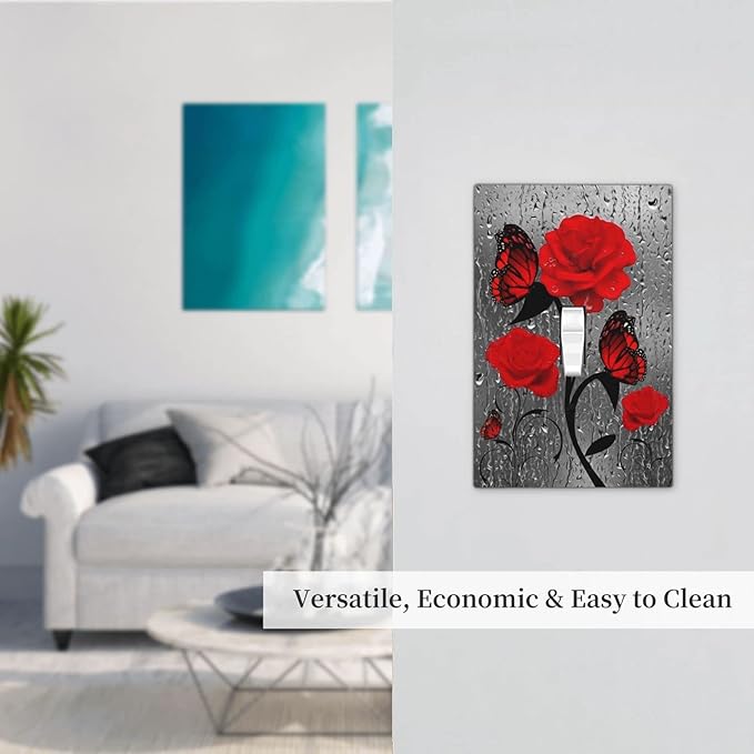 Raindrop Flower Butterfly Red Rose 1 Gang Light Switch Cover Single Toggle Wall Plate Decorative Switchplate Electrical Farmhouse Faceplate Raindrops Floral Girls Kitchen Bathroom Bedroom Decor 5" x 3