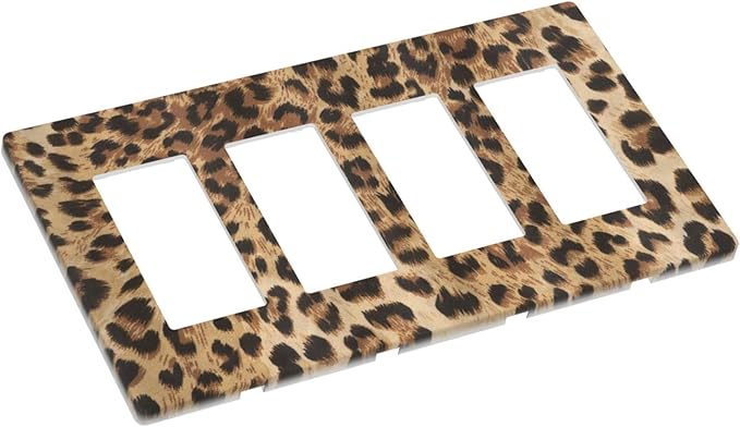 Classic Leopard Cheetah 4 Gang Quad Rocker/Decor Light Switch Cover Plate Decorative Electrical Faceplate For Girls Boys Home Bedroom Decorate Large Size 8.3" x 4.6