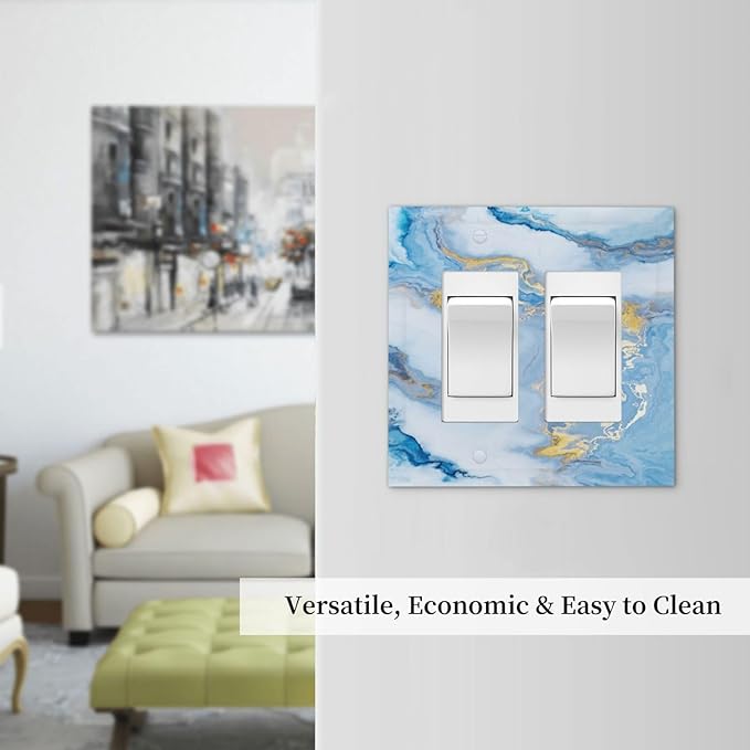 Beautiful Marble Texture Blue Gold Fluid Abstract Print Decorative Outlet Covers 2 Gang Double GFCI Rocker Electrical Wall Panels Light Switch Cover Plate for Bedroom Bathroom Decor
