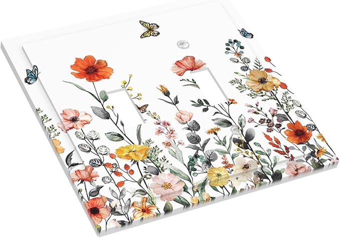 Spring Vibrant Wildflower Blossom Double Toggle Wall Plate Red Colored Country Vintage Floral Wild Butterfly Flowers Decorative 2-Gang Light Switch Cover Electrical Receptacle Outlet Face Plate Cover