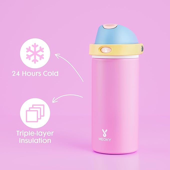 18 oz Insulated Water Bottle for Kids: Meoky Metal Water Bottle with 2-in-1 Straw and Spout Lid - Leak Proof, Cold for 24 Hours, Fits in Car Cup Holder for Girls School Sports, Fruit Punch