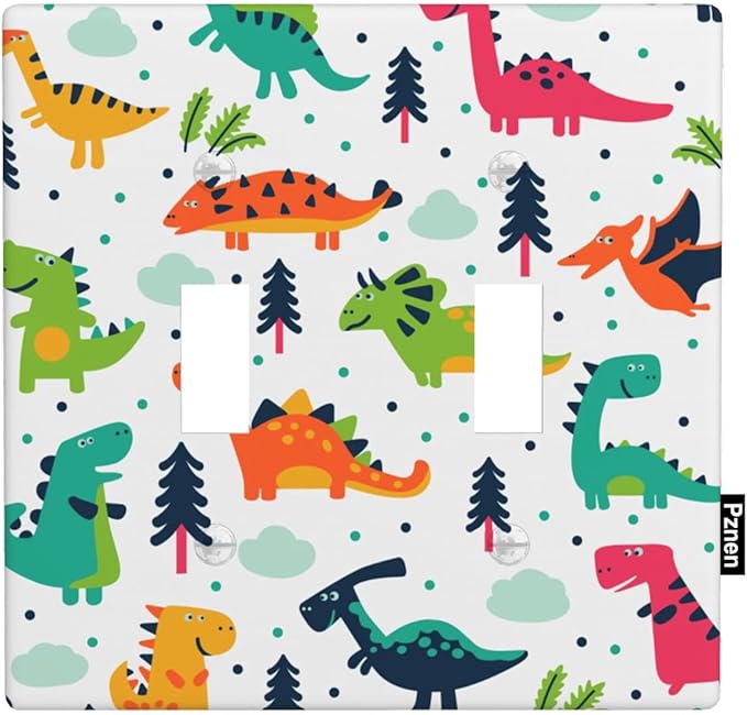 Cartoon Dinosaurs Double Toggle Light Switch Cover Dinosaur Triceratops Stegosaurus Monoclonius 2 Gang Wall Plate Decorative Faceplate Electrical Switchplate Bathroom Bedroom