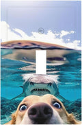 Decorative Light Switch Plate Covers Angry Shark Chased Funny Dog Underwater Sea 1 Gang Wall Plate Single Toggle Switch Cover Plate Jumbo Electrical Switchplate Receptacle Faceplate