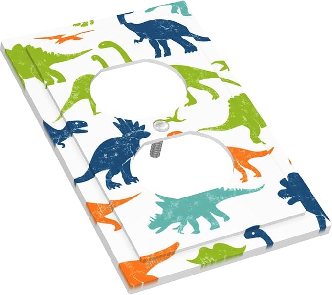 Colorful Dinosaur Duplex Wall Plate - 1-Gang Standard US Size Playful Dino Friends Outlet Covers for Teen Boys Bedroom Playroom Decor