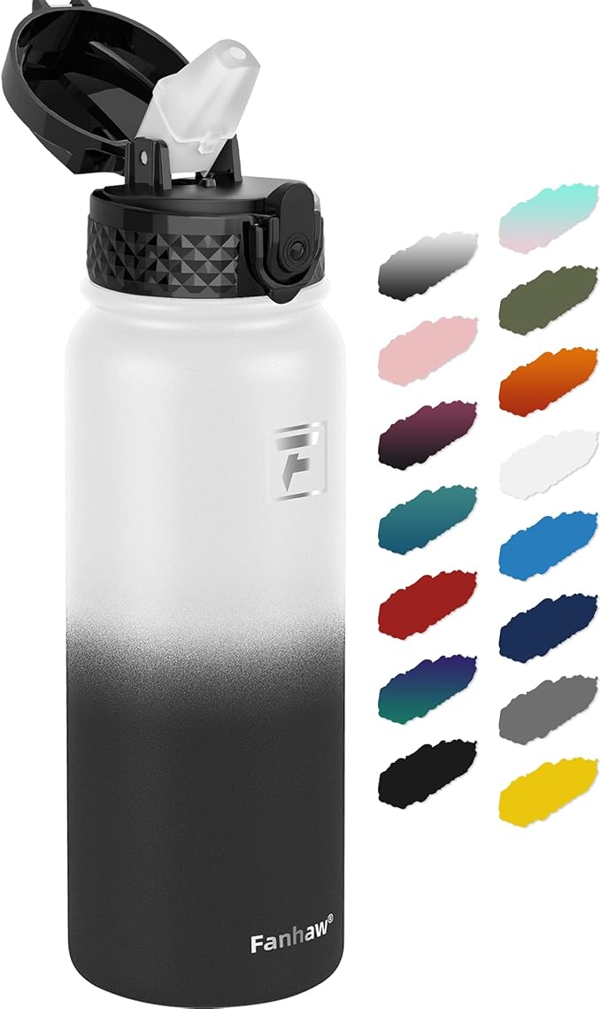 Fanhaw 20 oz Insulated Stainless Steel Water Bottle with Straw Lid, Leakproof & Anti-Dust Sports Bottle for Kids, Women & Men (White Black)