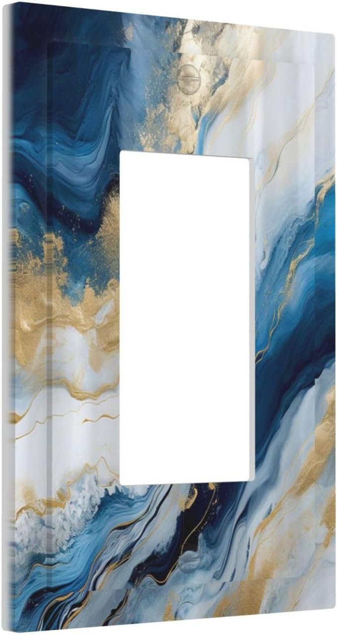 Abstract Blue Granite Luxury Watercolor Marble Texture Print 1 Gang Rocker Light Switch Covers Decorative Unique Single Decora Outlet Wall Plate Faceplate Switchplate GFCI for Bathroom Decor