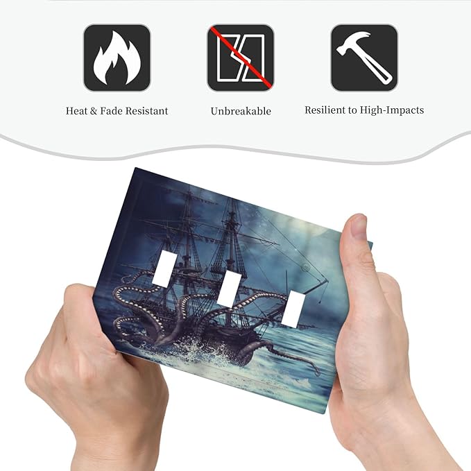 Octopus Ocean Kraken Nautical Pirate Ship 3 Gang Light Switch Covers Decorative Unique Triple Toggle Wall Plate Electrical Faceplate Switchplate for Kitchen Bathroom Bedroom Home Decor