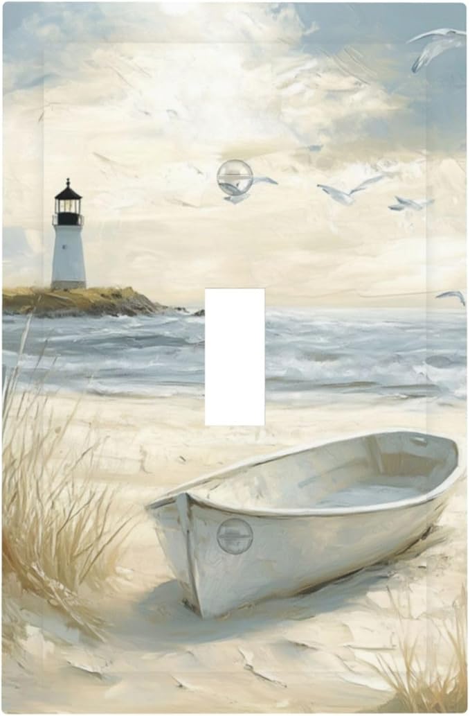 Sea Beach 1 Gang Light Switch Cover Single Toggle Wall Plate Old Ship Reed Lighthouse Seascape Decorative Electrical Switchplate Covers for Country Bedroom Kitchen Living Room Decor