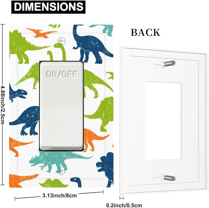 Colorful Dinosaur Single Rocker Switch Cover - 1-Gang Standard US Size Playful Dino Friends Light Switch Covers for Teen Boys Bedroom Playroom Decor
