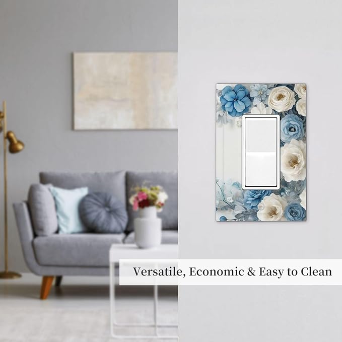 Decorative Outlet Covers Blue Rose White Flowers Rustic Floral 1 Gang Single Decora GFCI Device Light Switch Covers Plate 1 Rocker Wall Plate Jumbo Face Plate for Bedroom Decor