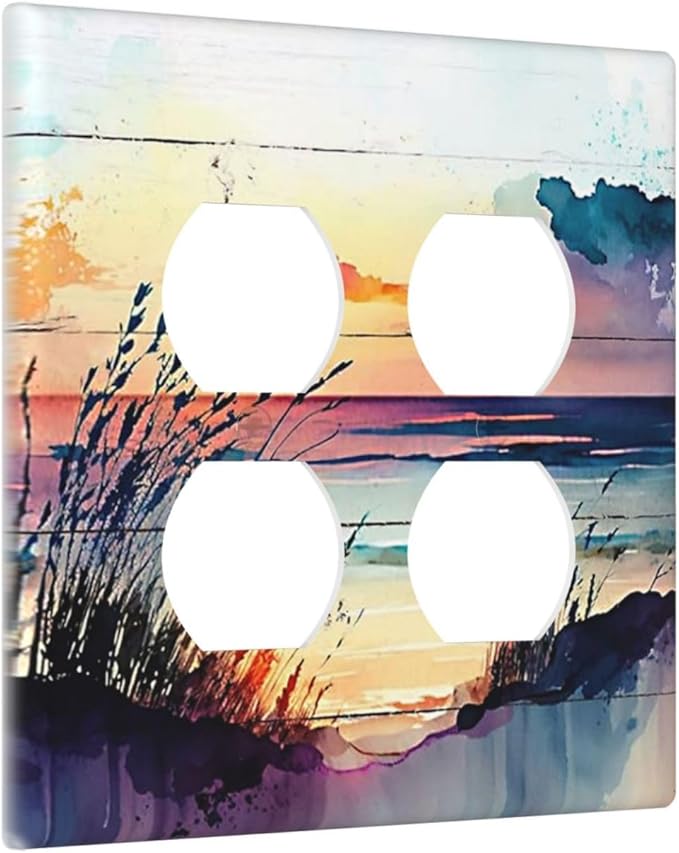 Decorative Outlet Covers Watercolor Sunset Beach Nature Coastal Seascape 2 Gang Wall Plate Double Duplex Light Switch Cover Switch Plate Covers Faceplate for Bedroom Home Decor