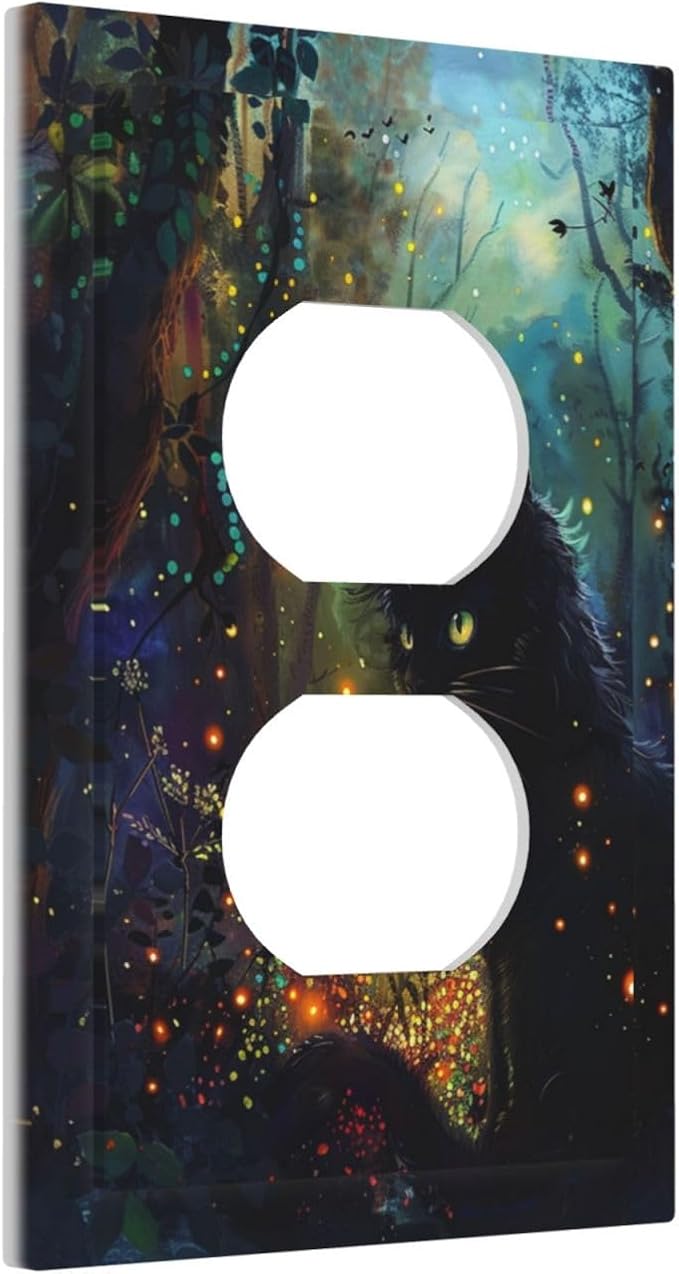 Decorative Outlet Covers Magic Fantasy Forest Mysterious Black Cat 1 Gang Duplex Light Switch Cover Plate Electrical Switch plates Wall Plates Receptacle Covers for Kid Room Bathroom Decor