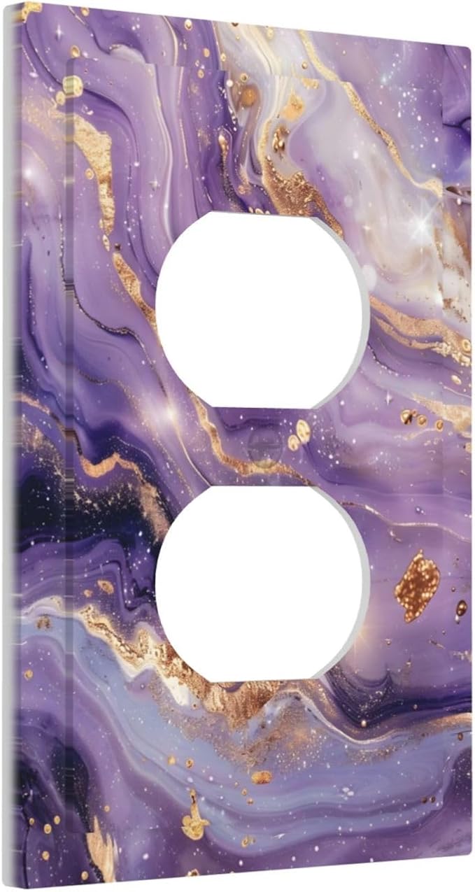 Luxury Marble Texture Purple And Gold Abstract Print Outlet Covers 1 Gang Duplex Light Switch Cover Decorative Switch Plates Electrical Receptacle Faceplate Wall Plate for Bathroom Home Decor