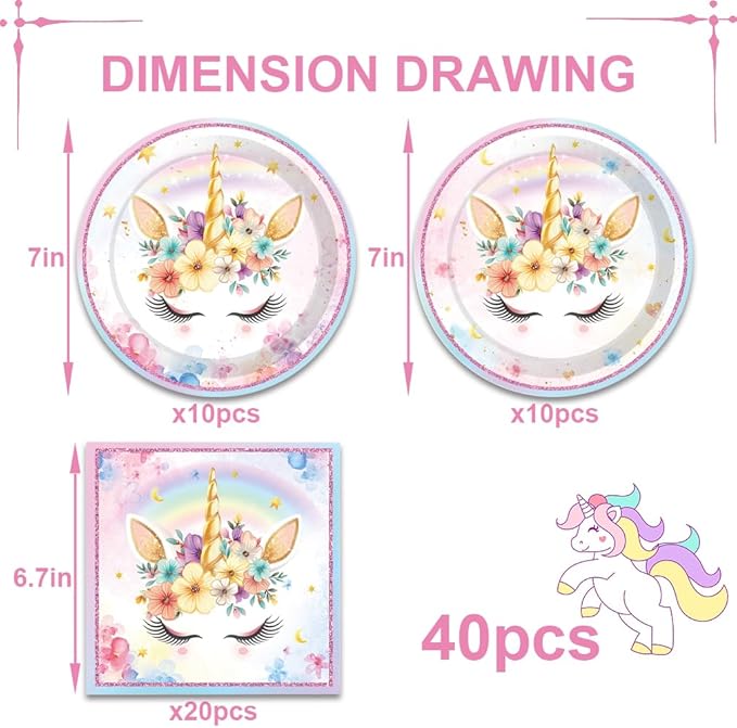 40Pcs Unicorns Birthday Decorations for 20 Guests Birthday Party Supplies Set Unicorns Plates and Napkins Magical for Girls Baby Shower Party Decorations