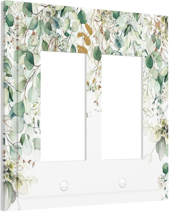 Gold Green Eucalyptus Leaves Plants Flowers Floral Decorative Outlet Covers 2 Gang Double GFCI Rocker Electrical Wall Panels Light Switch Cover Plate for Bedroom Living Room Decor